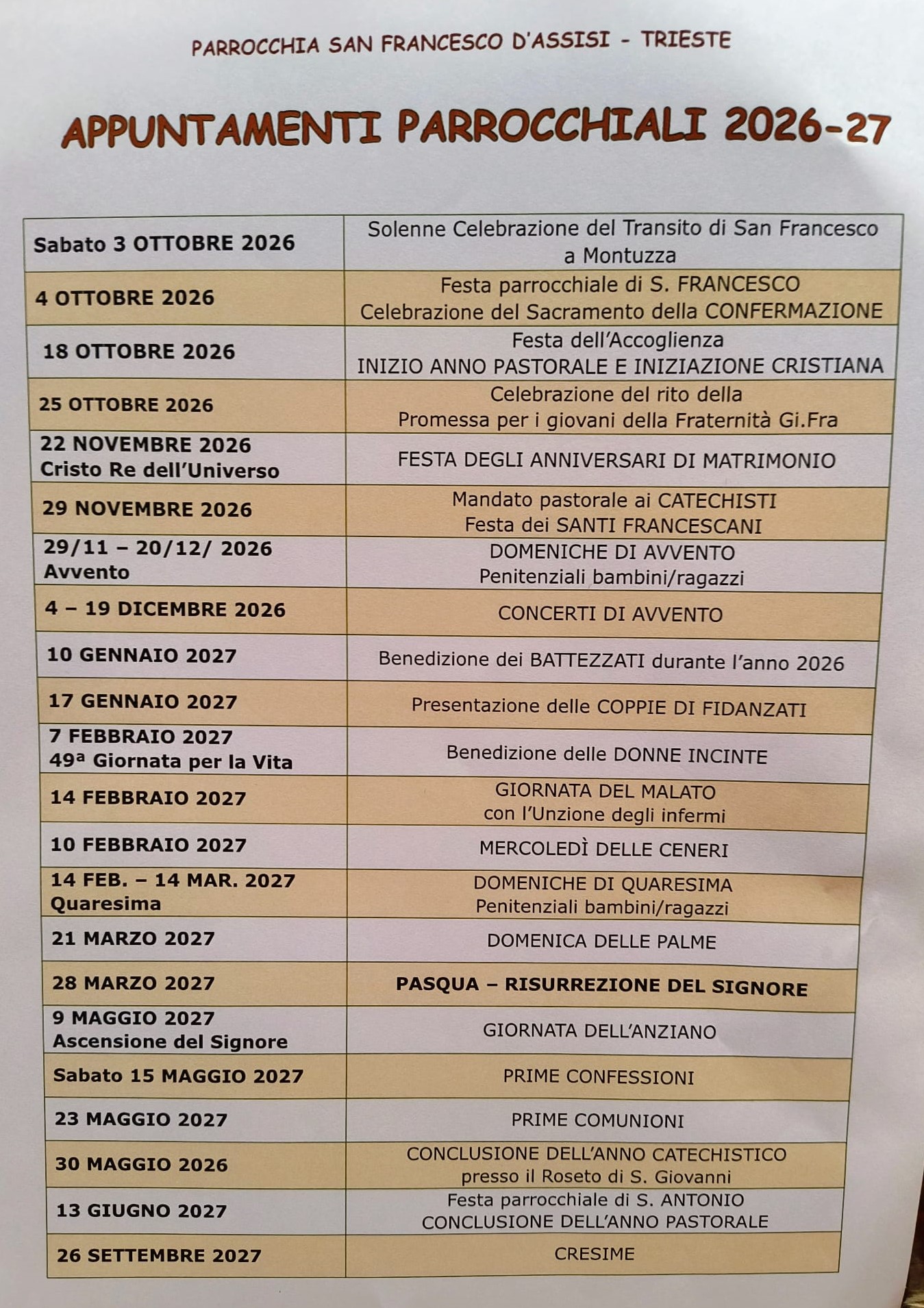 Appuntamenti parrocchiali 2026-27